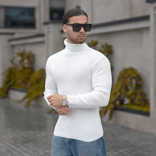 بافت یقه اسکی کبریتی مردانه سفید فری‌سایز | یقه اسکی مردانه کشبافت مشکی طرح کبریتی فری سایز